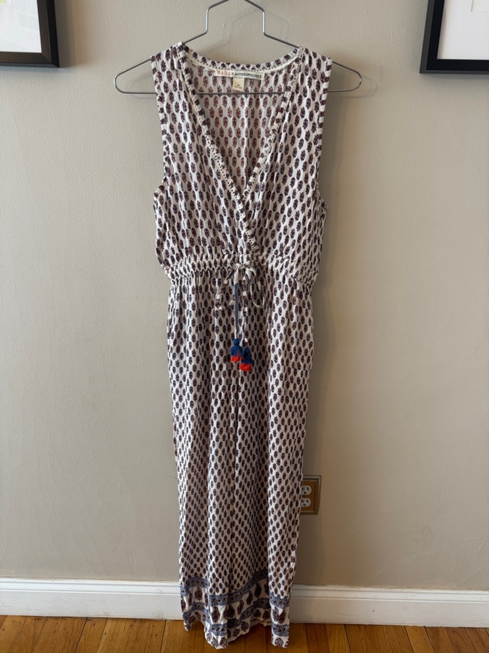 Anthropologie Sleeveless Printed Jumpsuit in White and Navy with Tassel Detail